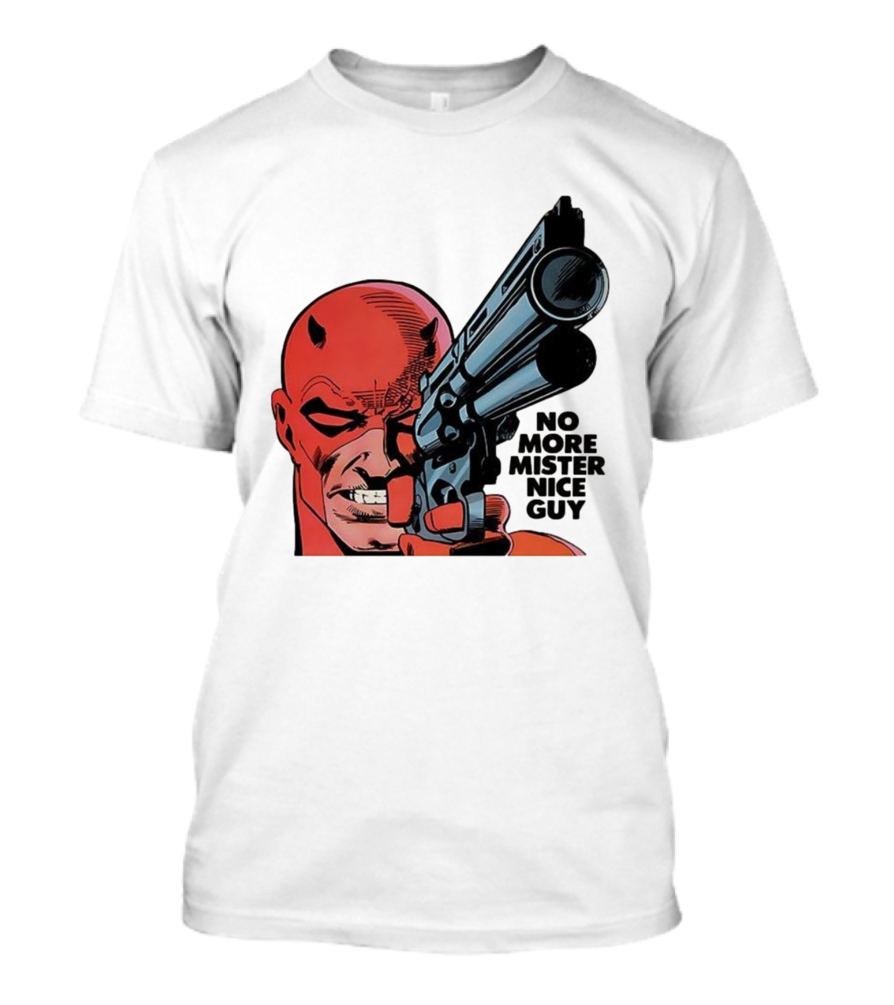 No More Mister Nice Guy Devil With Gun Retro Comic Style T-Shirt