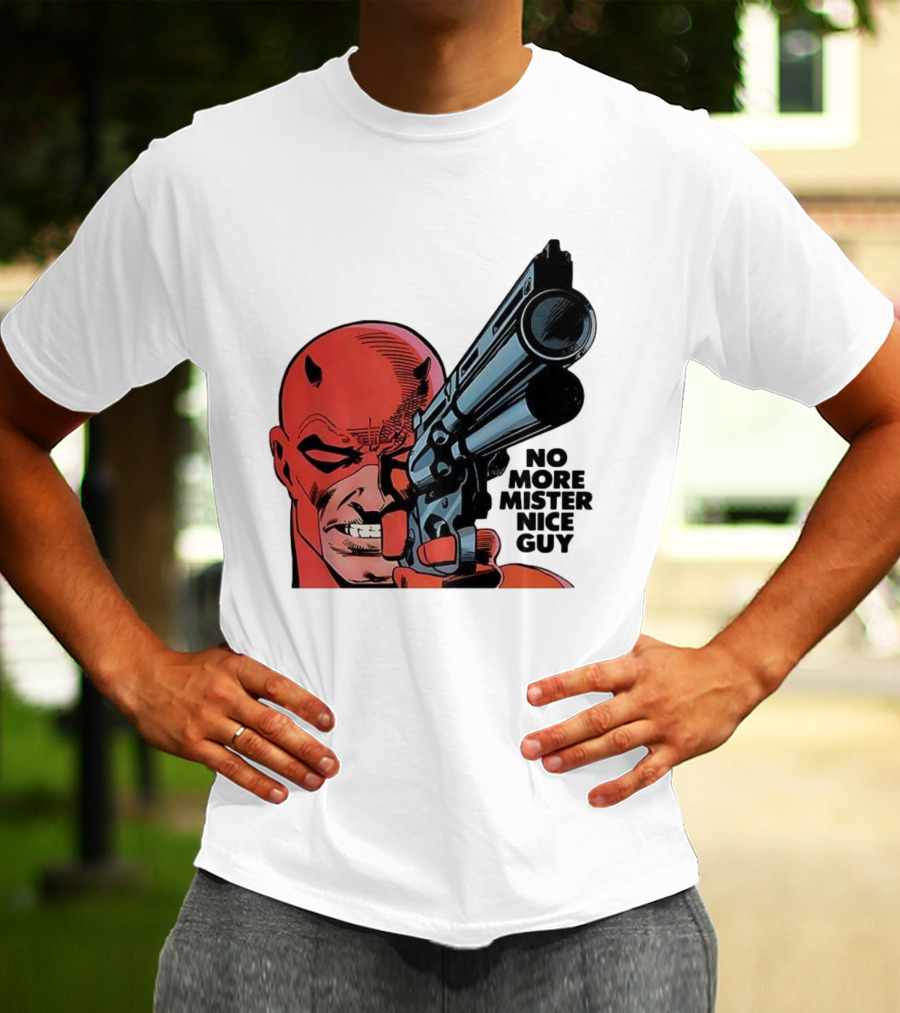 No More Mister Nice Guy Devil With Gun Retro Comic Style T-Shirt
