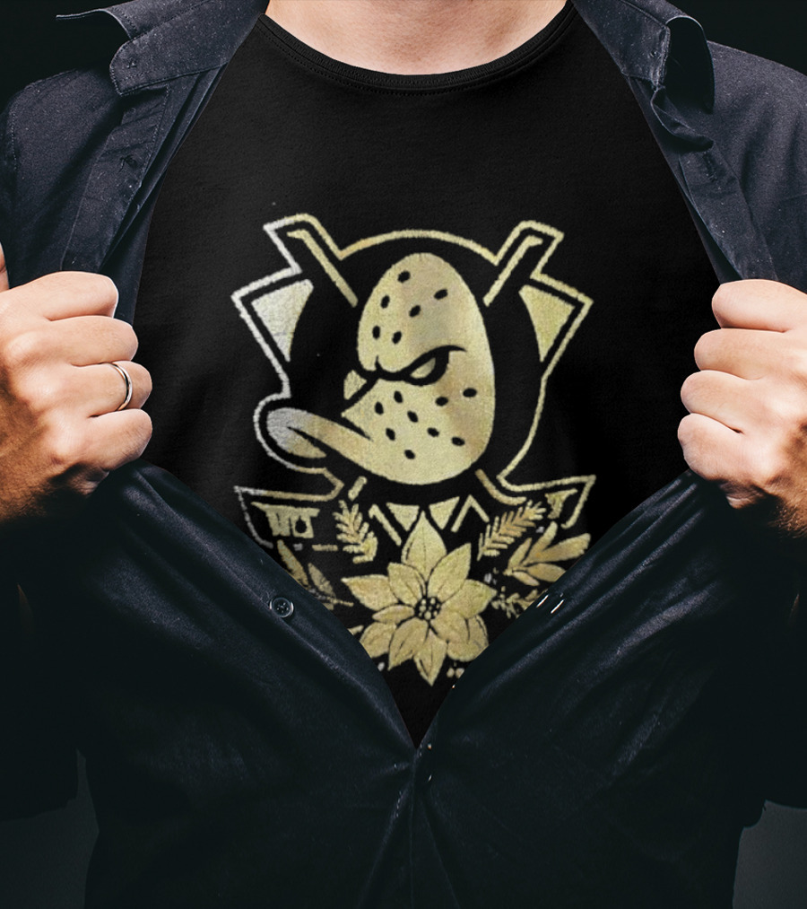 Anaheim Mighty Ducks Holiday Gold Logo Floral Ornament T-Shirt