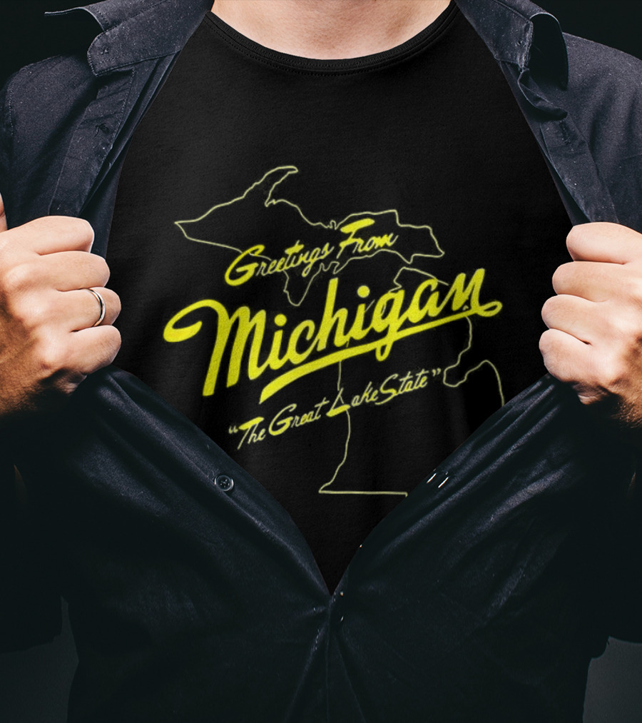 Greetings From Michigan The Great Lake State Map Outline T-Shirt