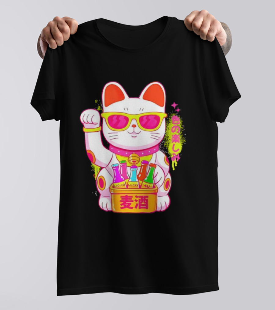Lucky Maneki Neko With Sunglasses And Colorful Drinks T-Shirt