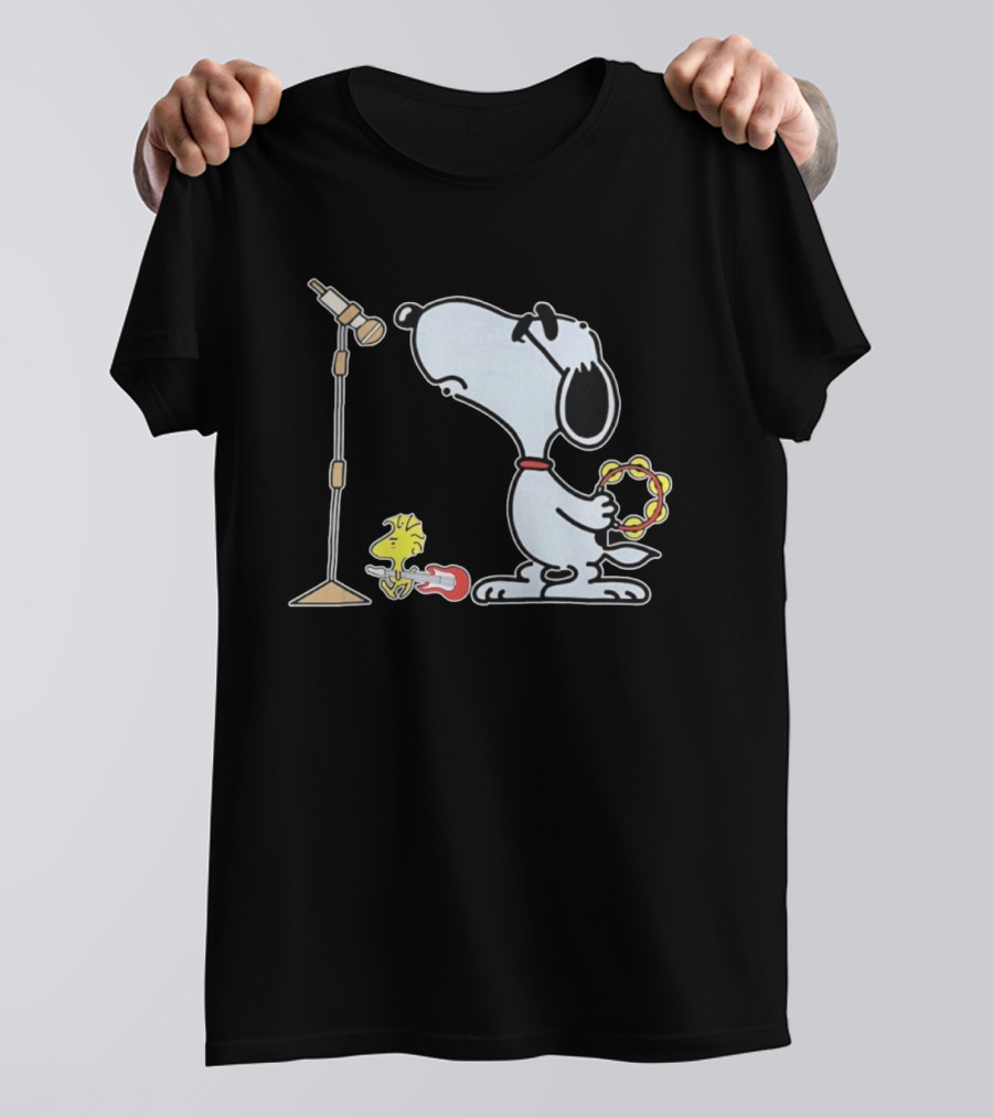 Oasis Snoopy And Woodstock Rock Band Peanuts Tambourine Guitar Microphone T-Shirt