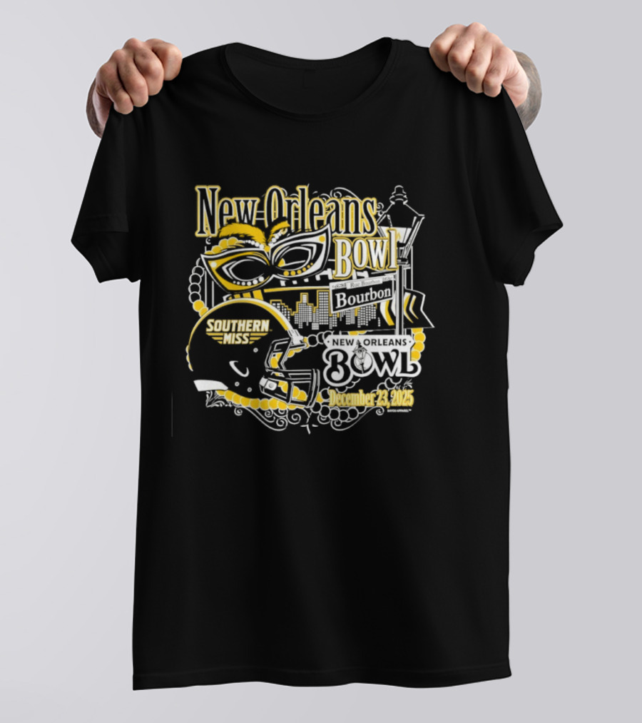 Southern Miss Golden Eagles New Orleans Bowl December 23 2025 Bourbon Street Helmet Mardi Gras Beads Skyline T-Shirt