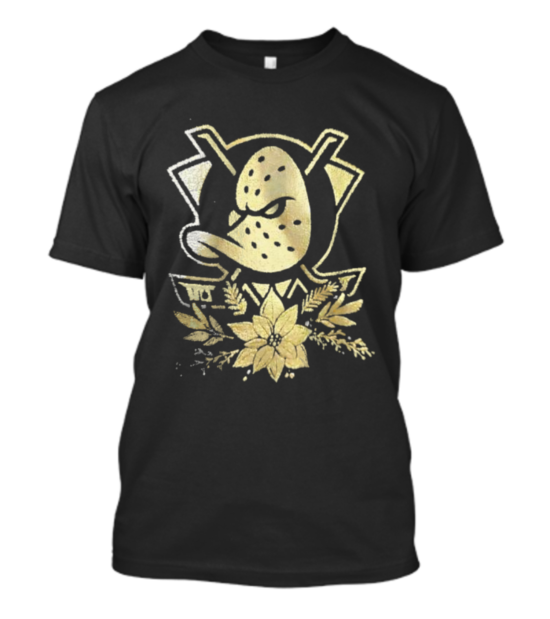 Anaheim Mighty Ducks Gold Holiday Hockey Logo With Festive Flowers T-Shirt