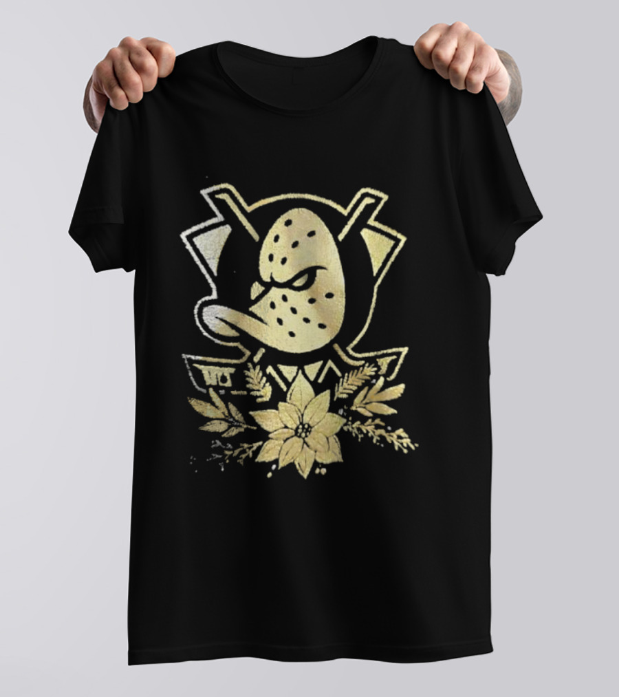Anaheim Mighty Ducks Gold Holiday Hockey Logo With Festive Flowers T-Shirt