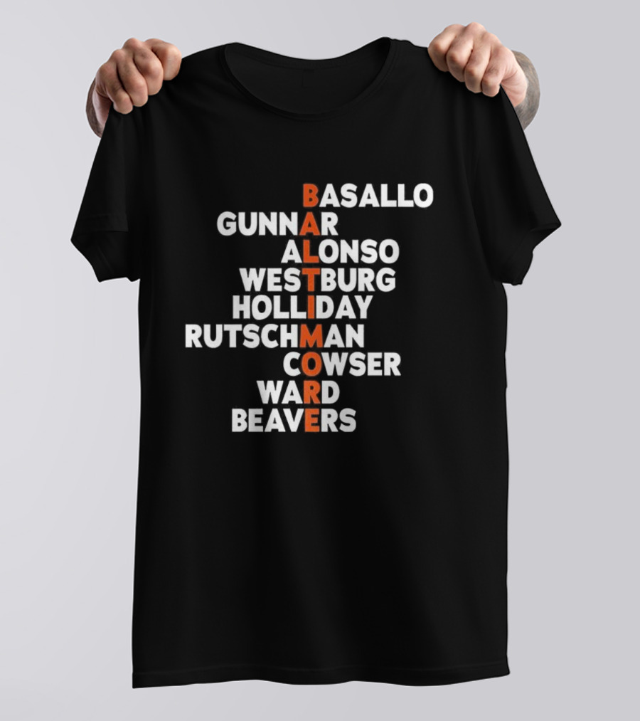 Baltimore Orioles Baseball Player Names Basallo Gunnar Alonso Westburg Holliday Rutschman Cowser Ward Beavers 2026 T-Shirt