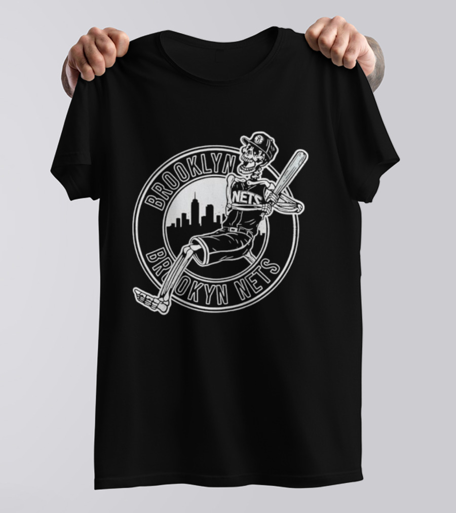 Brooklyn Nets Skeleton Player Baseball Crossover Cityscape T-Shirt