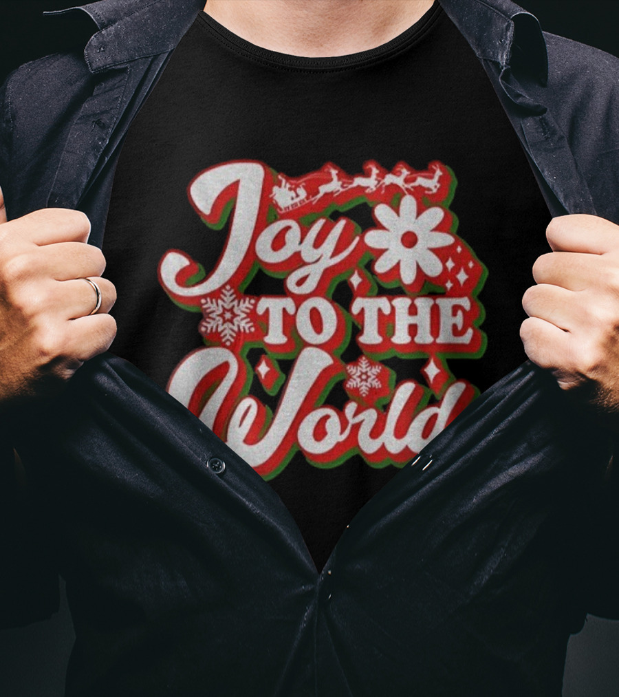 Joy To The World Merry Christmas Santa Sleigh Snowflakes T-Shirt