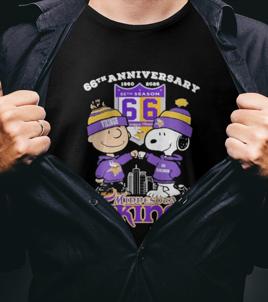 Snoopy Charlie Brown Peanuts Minnesota Vikings 66th Anniversary 1960-2026 T-Shirt
