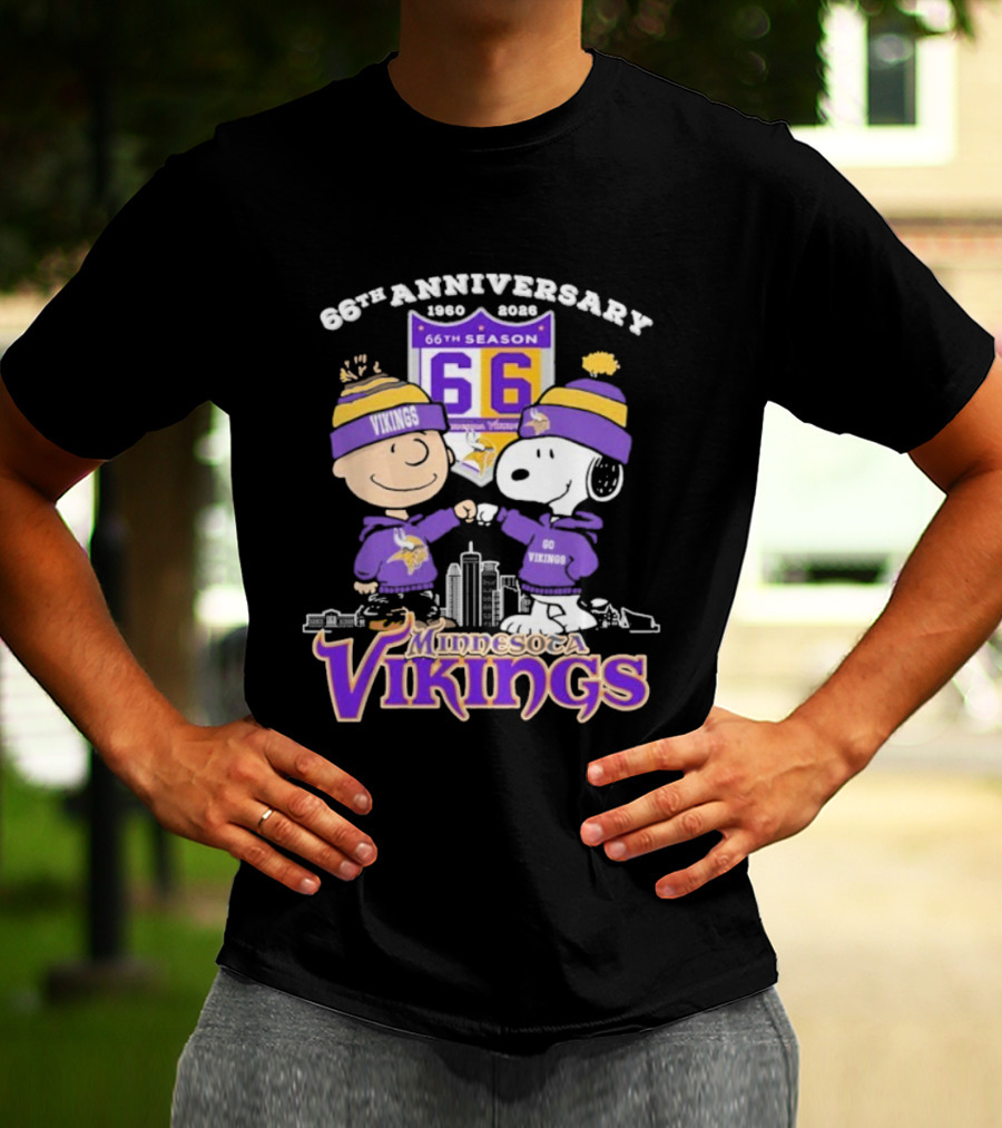 Snoopy Charlie Brown Peanuts Minnesota Vikings 66th Anniversary 1960-2026 T-Shirt