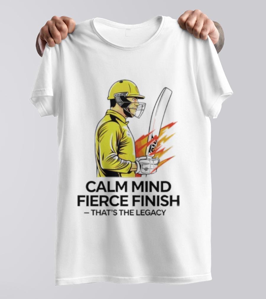 Calm Mind Fierce Finish Cricket Legacy Yellow Helmet Bat Flames T-Shirt