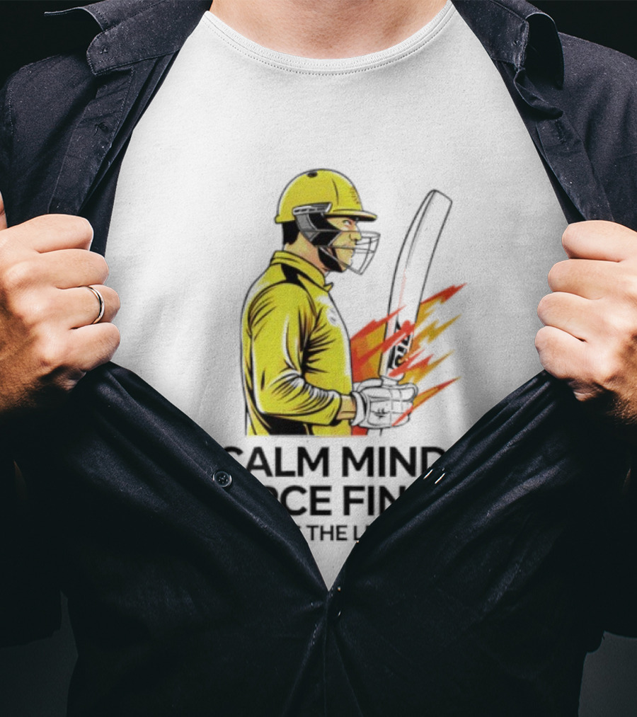 Calm Mind Fierce Finish Cricket Legacy Yellow Helmet Bat Flames T-Shirt