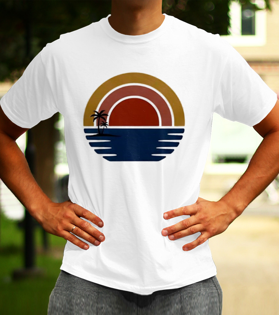 Retro Minimalist Sunset With Palm Trees And Ocean Waves T-Shirt