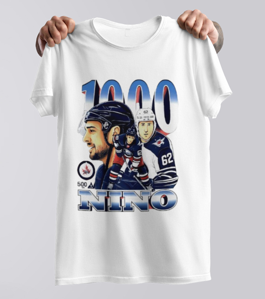 Nino 1000 Games Hockey Featuring Number 62 And Winnipeg Jets Colors T-Shirt