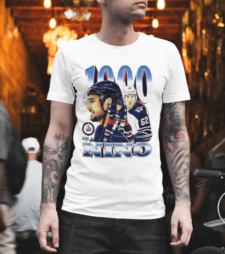 Nino 1000 Games Hockey Featuring Number 62 And Winnipeg Jets Colors T-Shirt