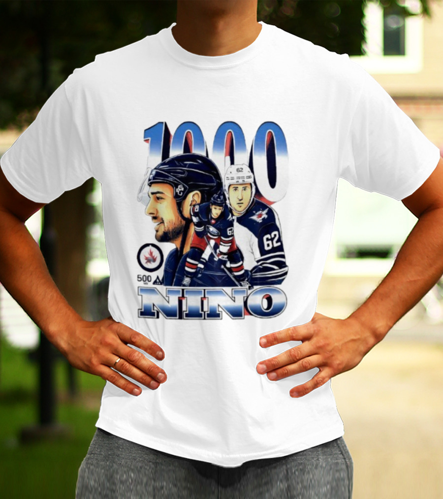 Nino 1000 Games Hockey Featuring Number 62 And Winnipeg Jets Colors T-Shirt