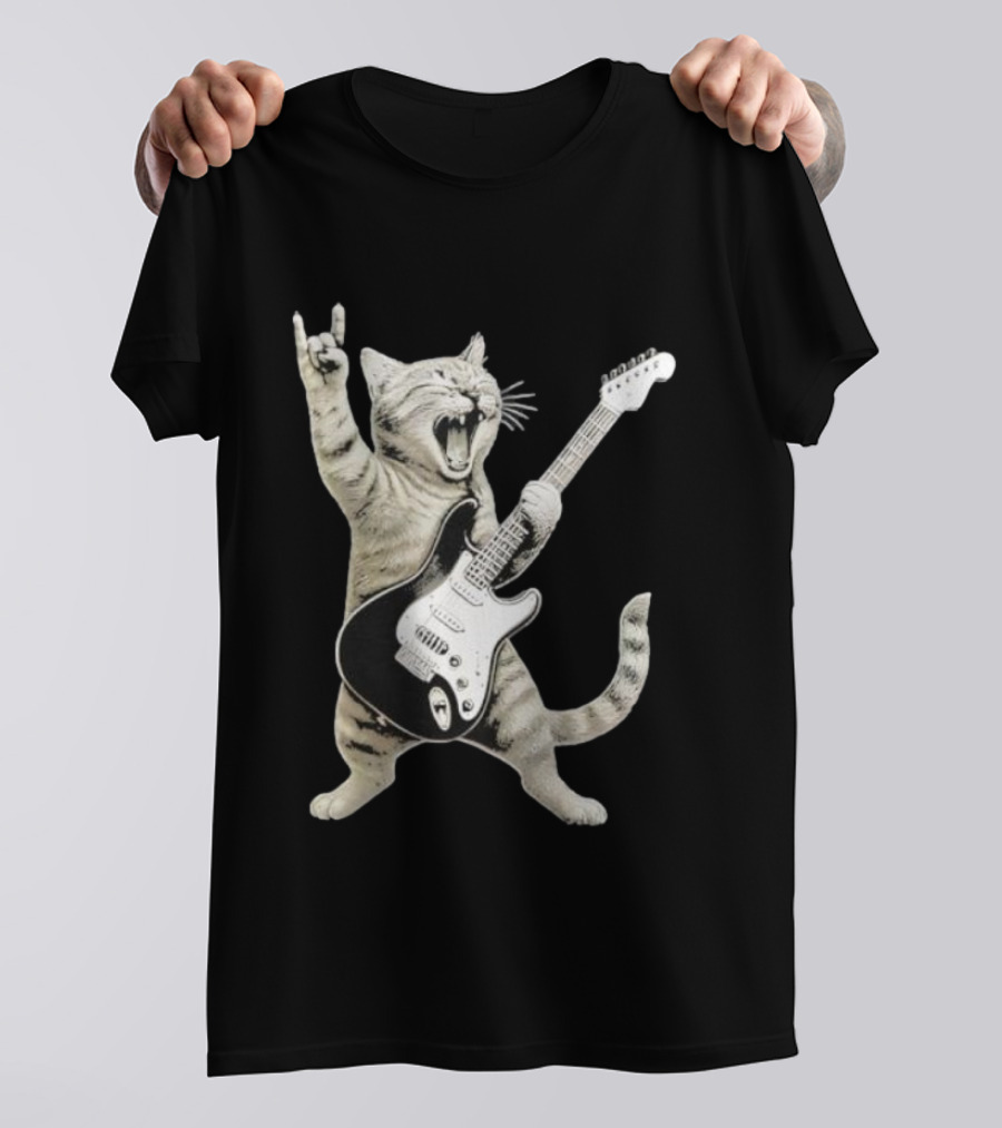 Funny Cat Playing Electric Guitar Rock And Roll Pose T-Shirt