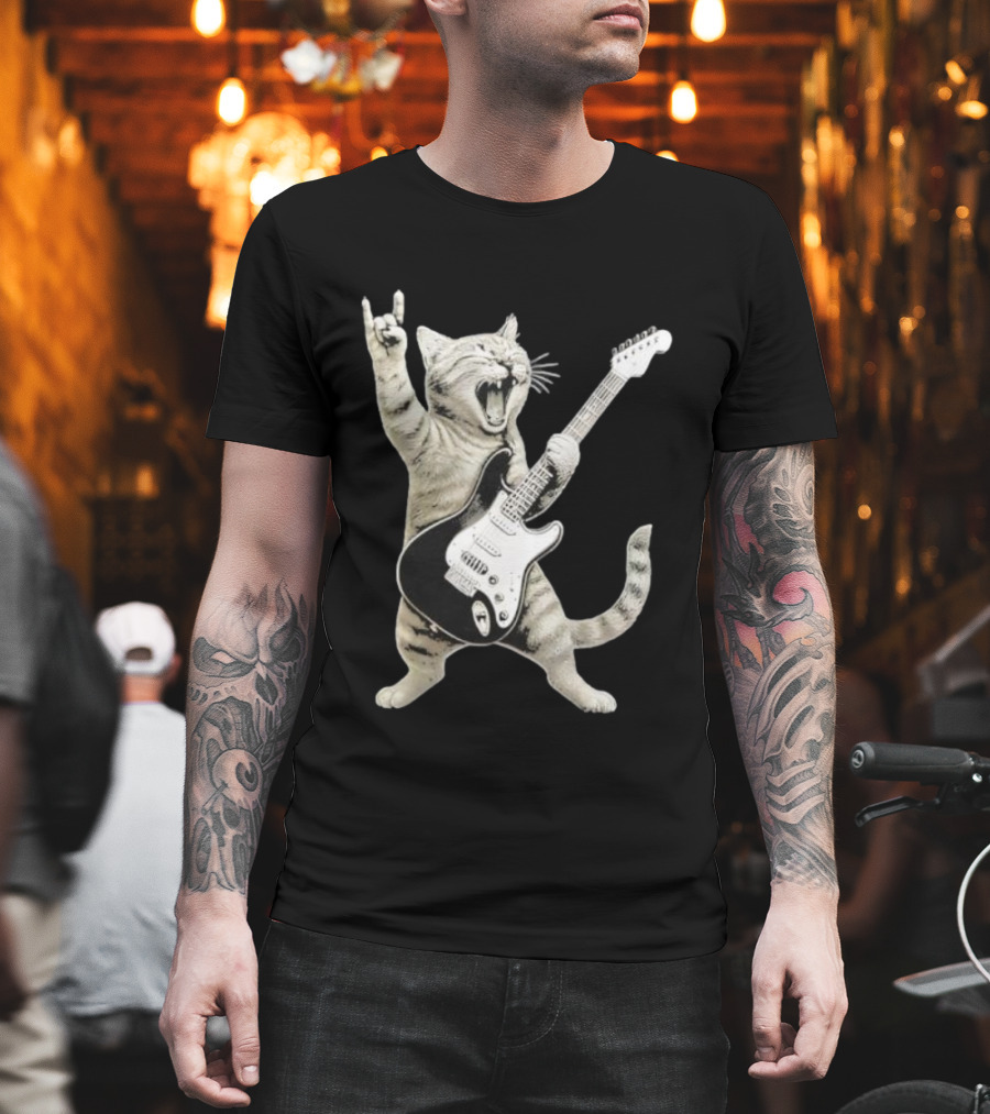 Funny Cat Playing Electric Guitar Rock And Roll Pose T-Shirt