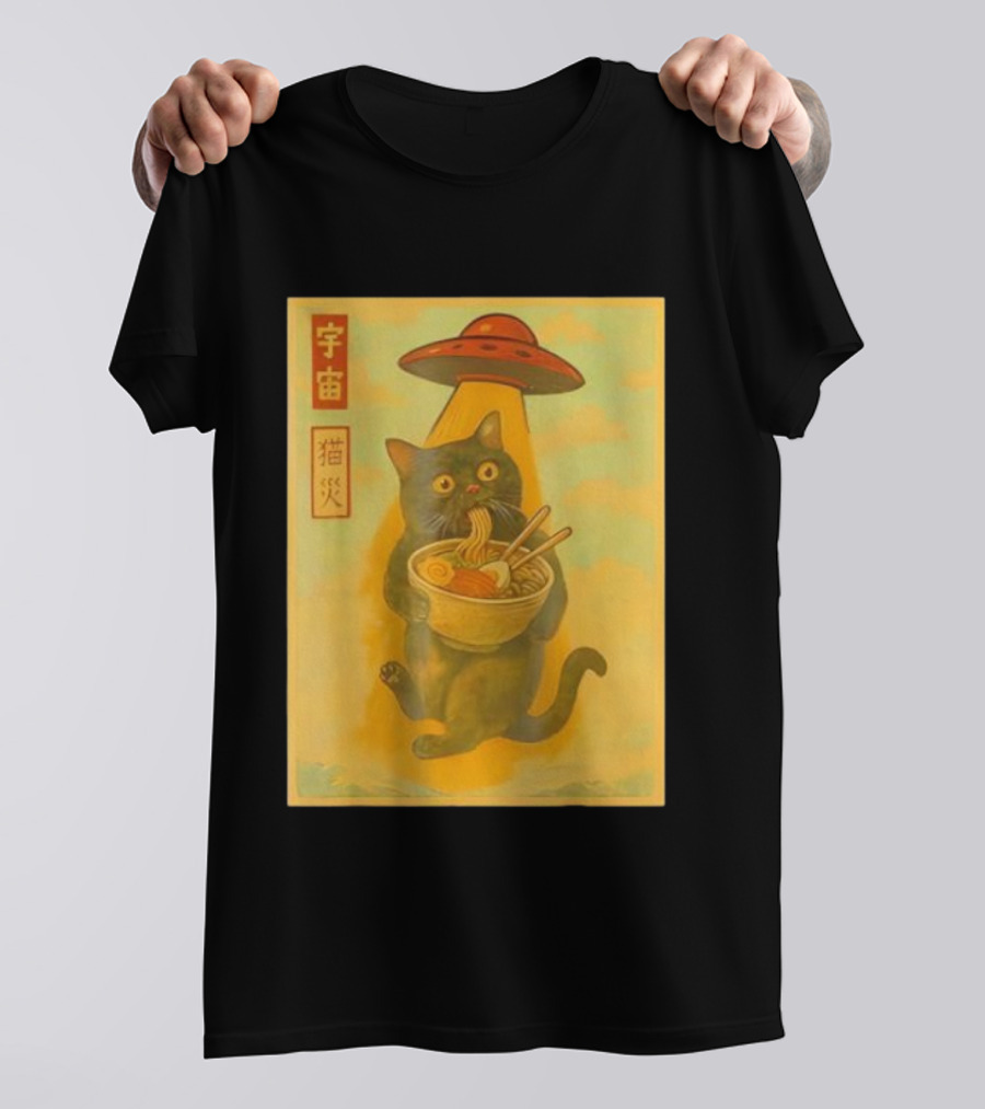 Funny Cat Ramen UFO Japanese Anime Kawaii Noodles T-Shirt