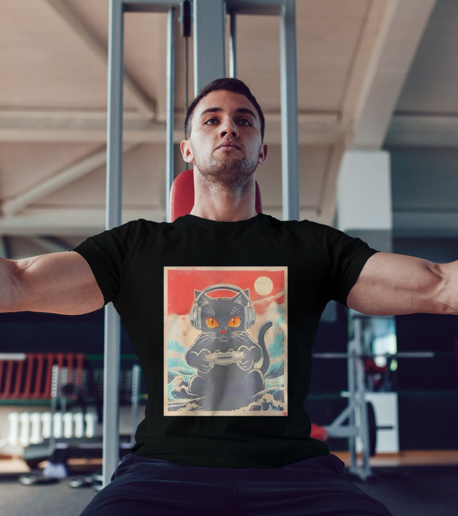 Kawaii Cat Anime Gamer Headphones Japanese Art Gaming Waves T-Shirt