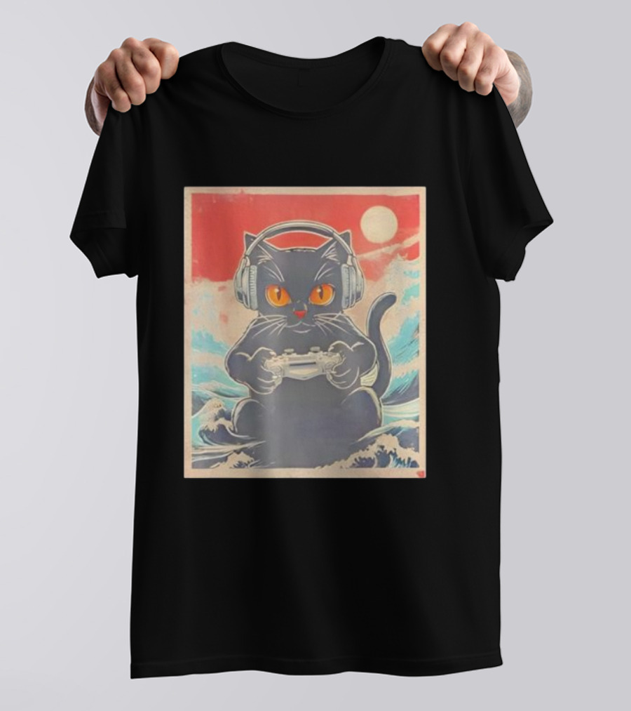 Kawaii Cat Anime Gamer Headphones Japanese Art Gaming Waves T-Shirt