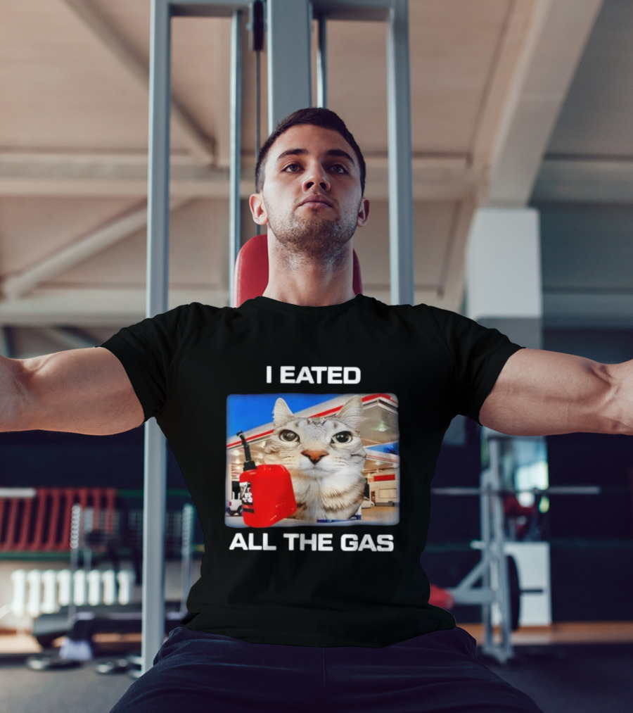 I Eated All The Gas Silly Staring Cat Meme With Fuel Station Background T-Shirt