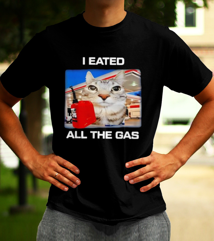 I Eated All The Gas Silly Staring Cat Meme With Fuel Station Background T-Shirt