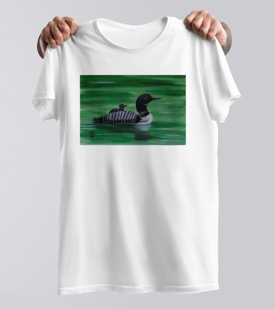 Common Loon With Baby On Back In Tranquil Green Waters T-Shirt