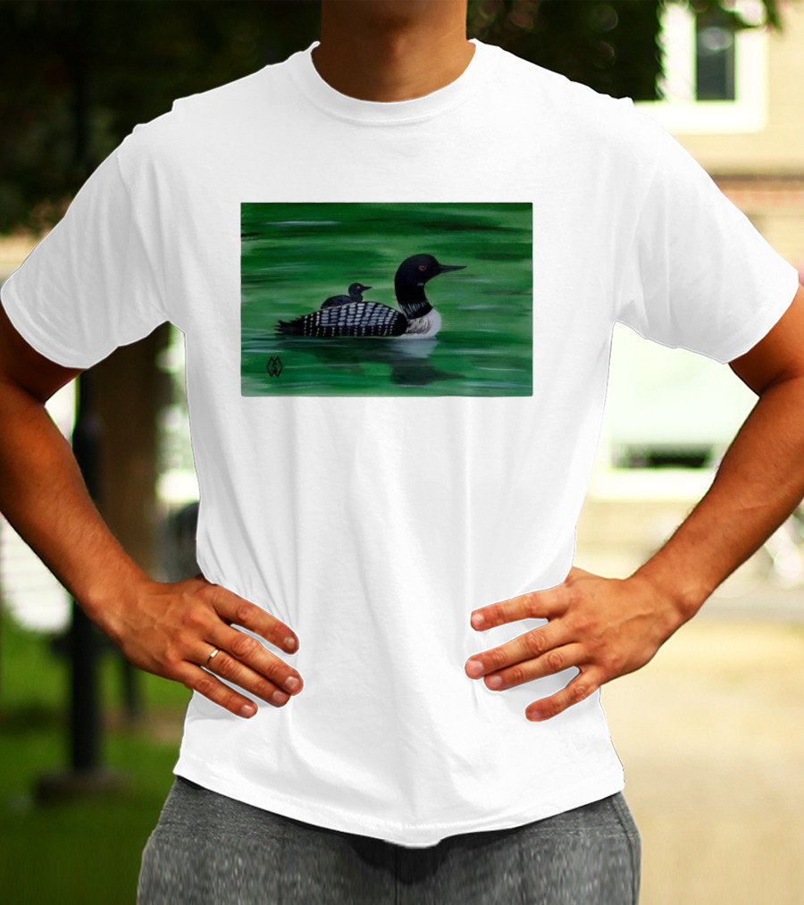 Common Loon With Baby On Back In Tranquil Green Waters T-Shirt