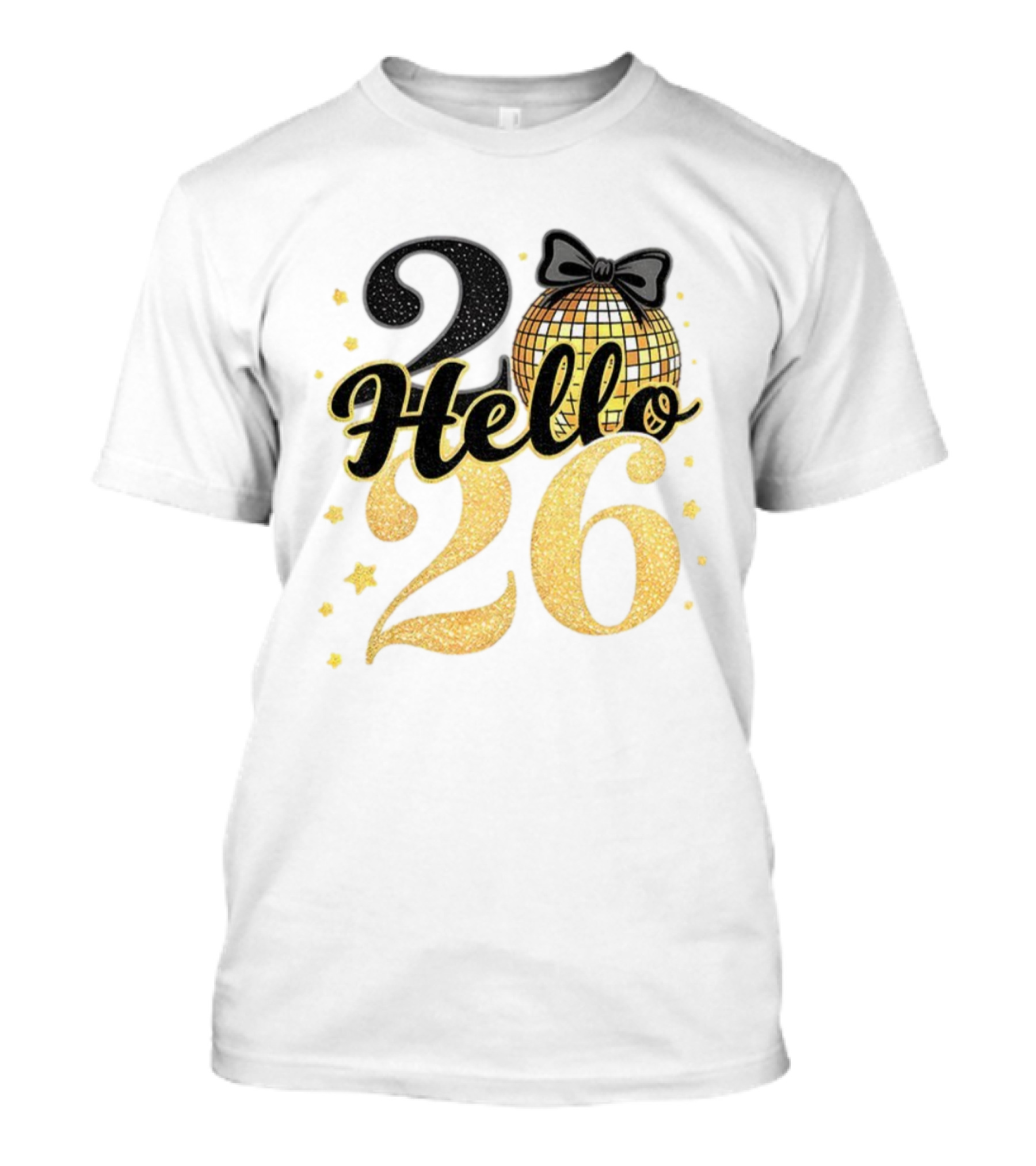 Hello 2026 Gold Glitter Bow Disco Ball Celebration T-Shirt