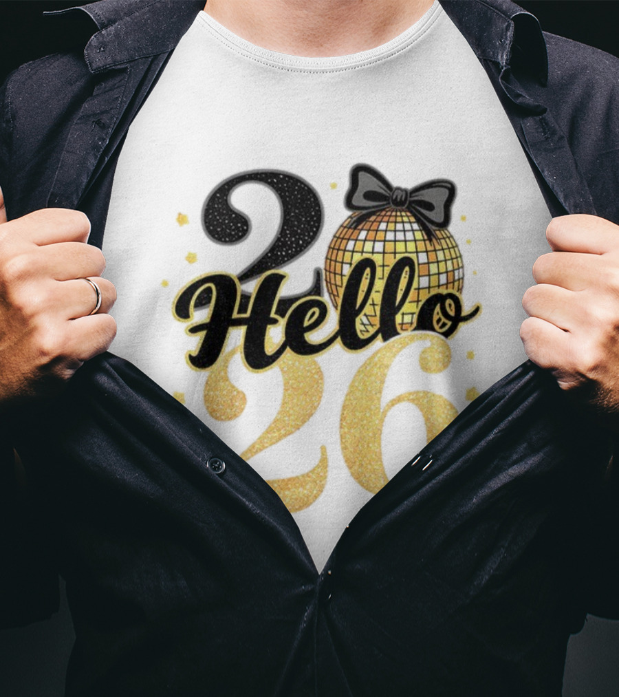 Hello 2026 Gold Glitter Bow Disco Ball Celebration T-Shirt
