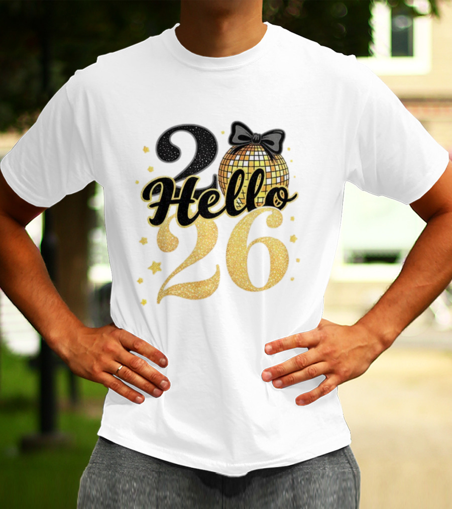 Hello 2026 Gold Glitter Bow Disco Ball Celebration T-Shirt