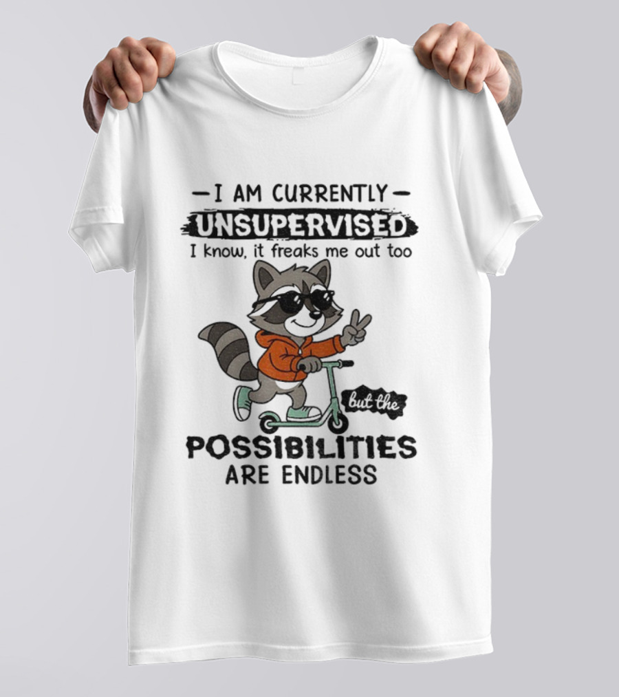 Raccoon Unsupervised Endless Possibilities Peace Sign Scooter Sunglasses Orange T-Shirt