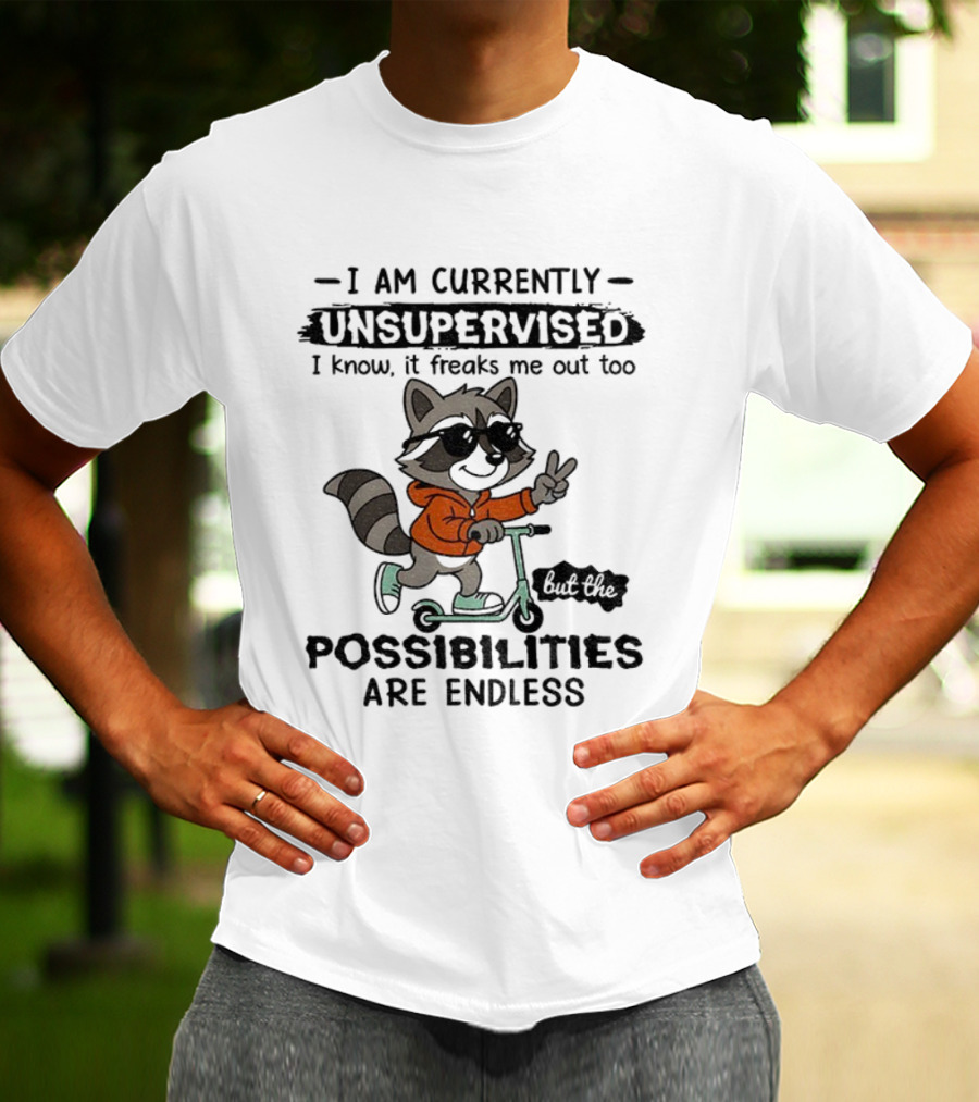Raccoon Unsupervised Endless Possibilities Peace Sign Scooter Sunglasses Orange T-Shirt