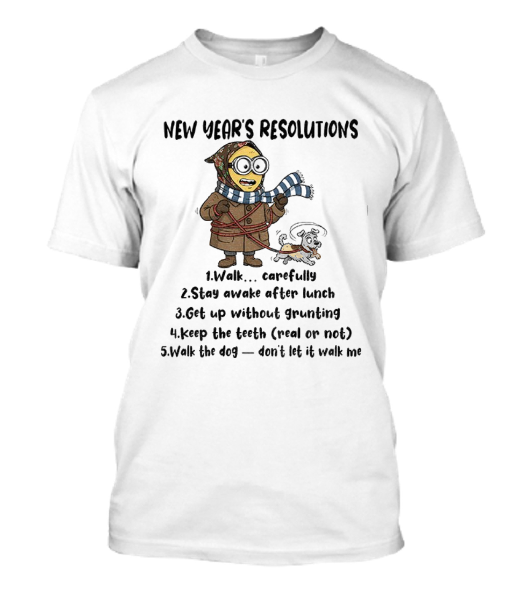 New Year’s Resolutions Walk Carefully Stay Awake After Lunch Get Up Without Grunting Keep The Tooth Walk The Dog T-Shirt