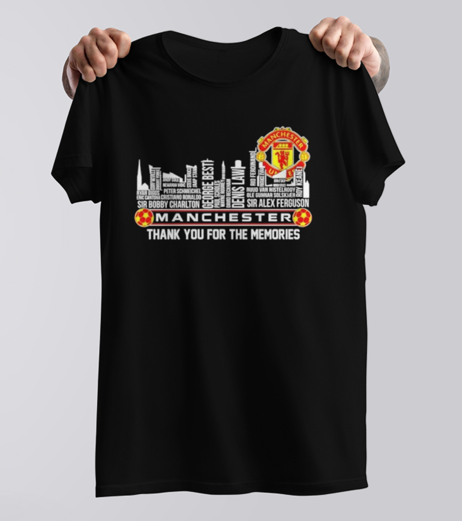 Manchester United Legends Beckham Rooney Sir Alex Ferguson Skyline Thank You For The Memories T-Shirt