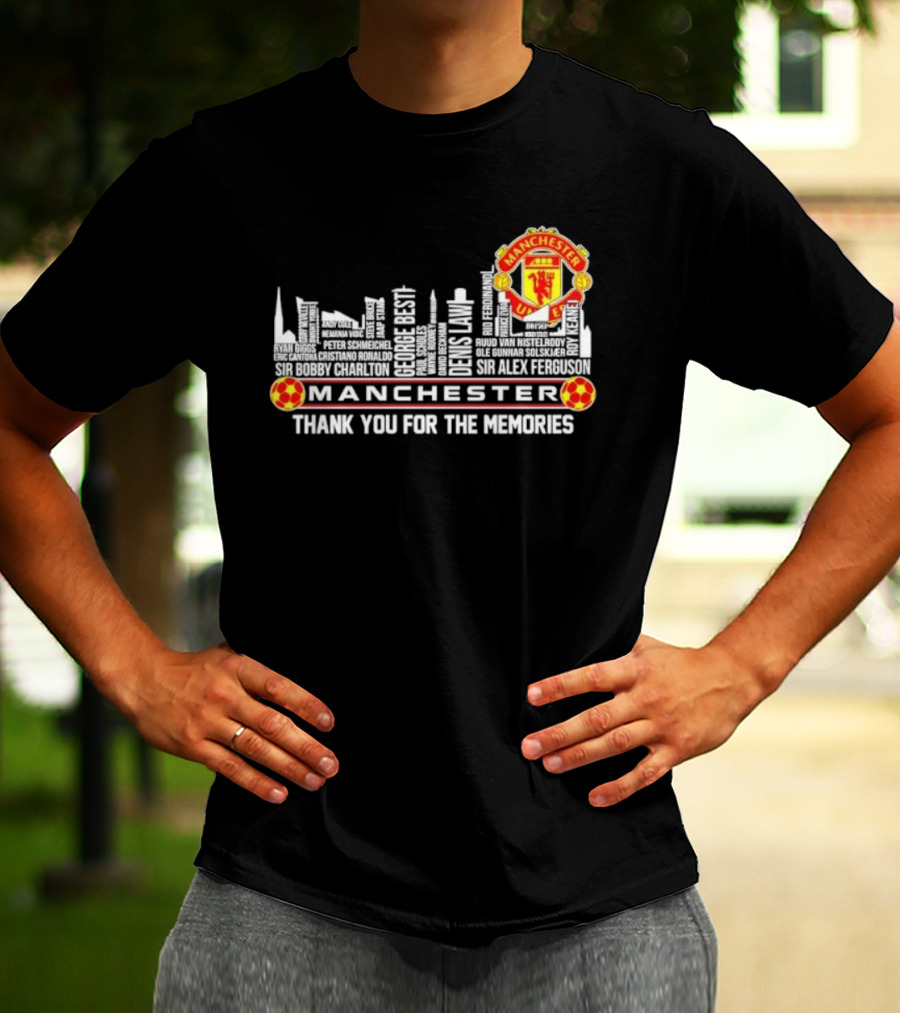 Manchester United Legends Beckham Rooney Sir Alex Ferguson Skyline Thank You For The Memories T-Shirt