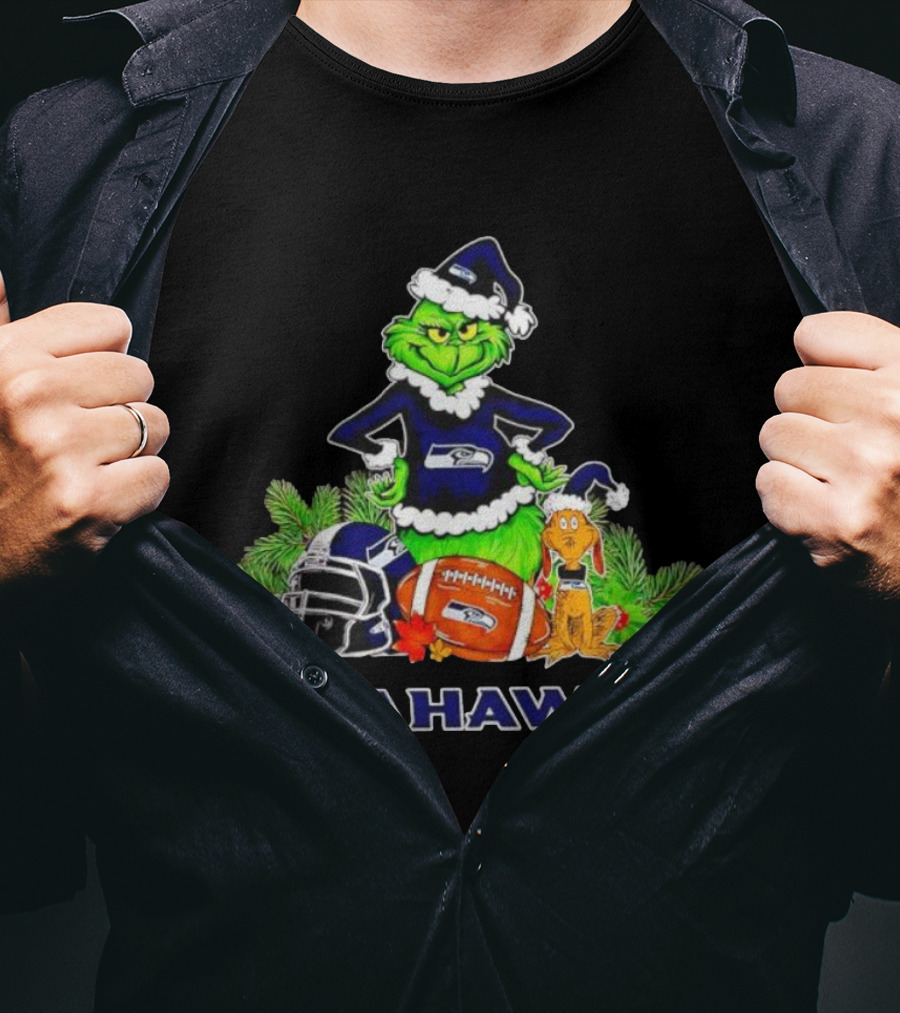 Grinch And Max With Seattle Seahawks Christmas Helmets And Football T-Shirt