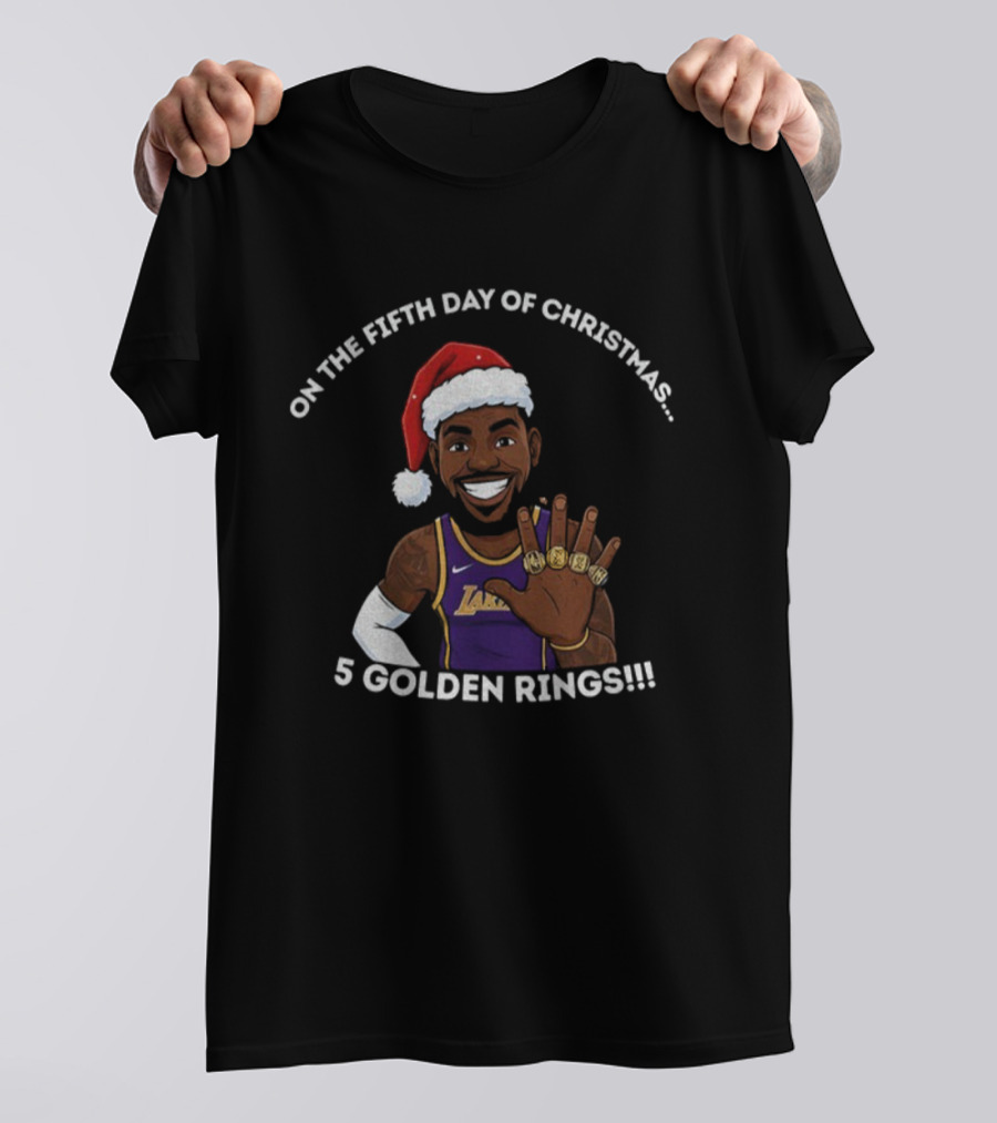 Lebron James Lakers Christmas Five Golden Rings Santa Hat T-Shirt