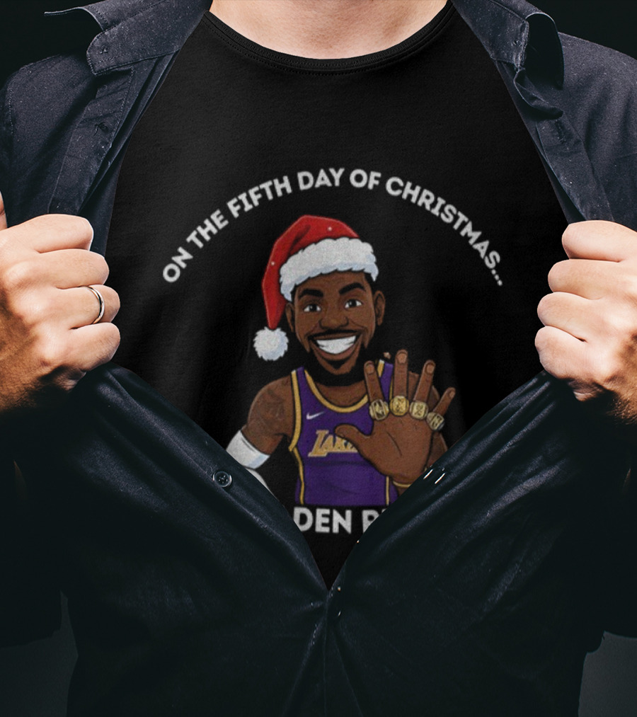 Lebron James Lakers Christmas Five Golden Rings Santa Hat T-Shirt