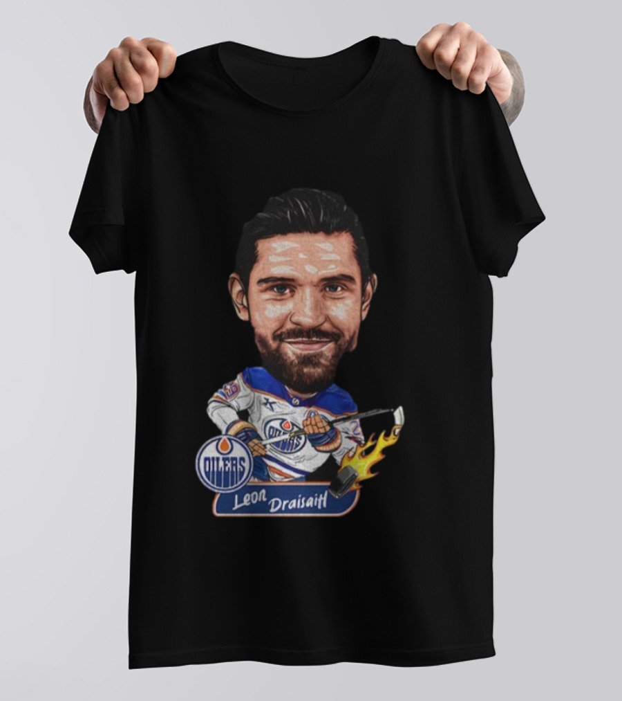 Edmonton Oilers Hockey Leon Draisaitl Caricature Flames Stick T-Shirt