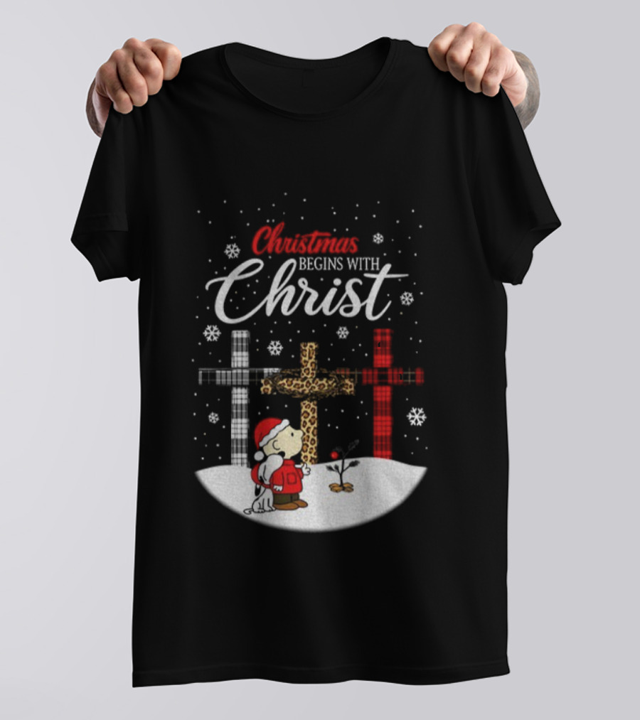 Christmas Begins With Christ Snoopy Charlie Brown Holiday Snow Scene T-Shirt