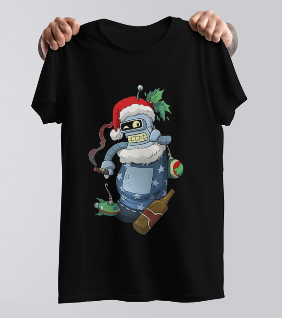 Futurama Bender Christmas Stocking Stuffer Smoking Cigar Santa Hat T-Shirt