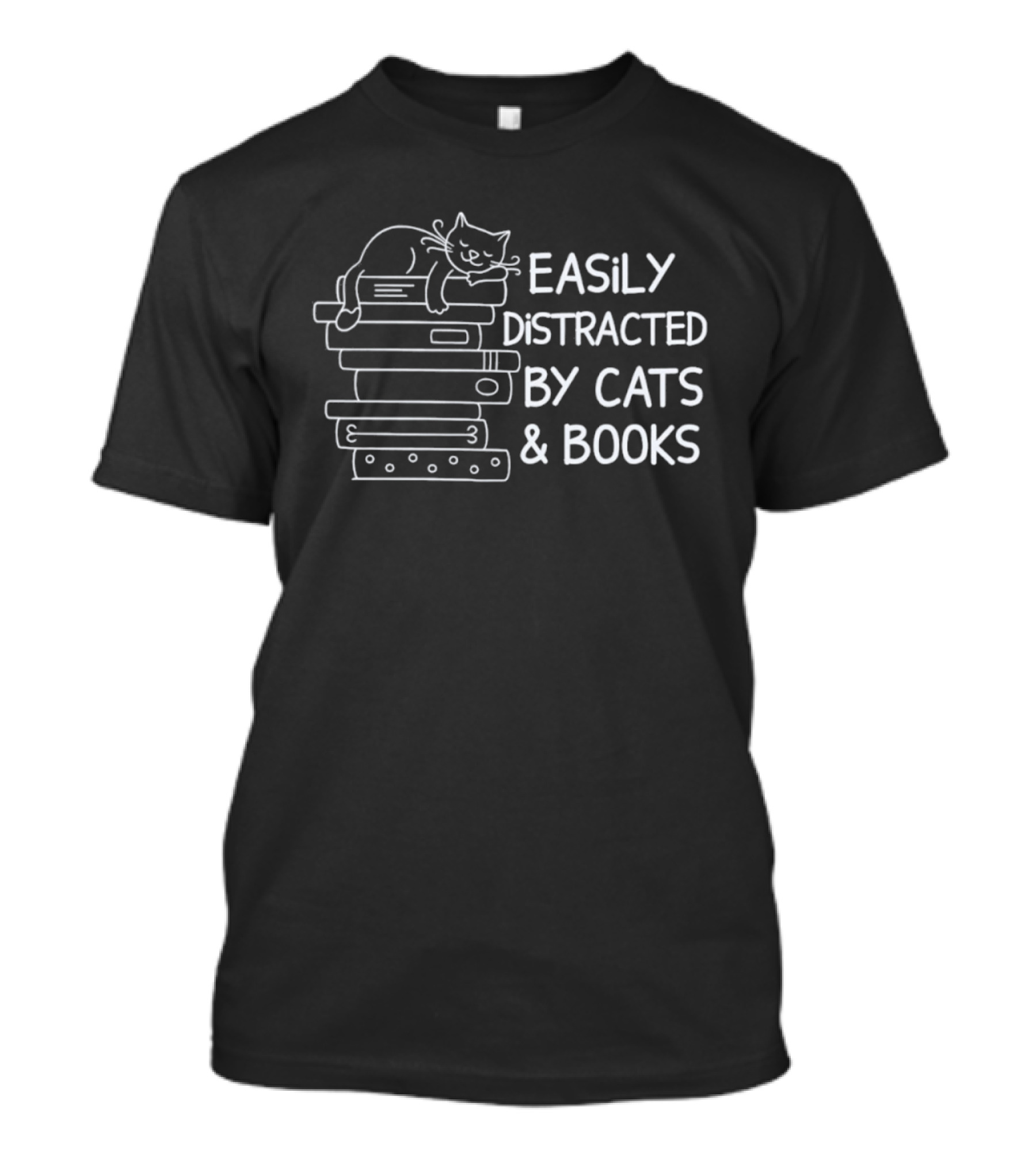 Easily Distracted By Cats And Books Stack Playful Cat Reading Lovers T-Shirt