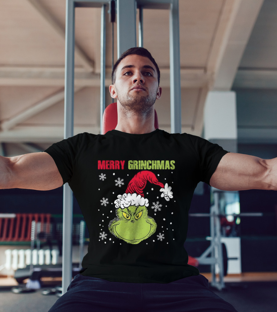 Merry Grinchmas Grinch Head Santa Hat Christmas Snowflakes T-Shirt