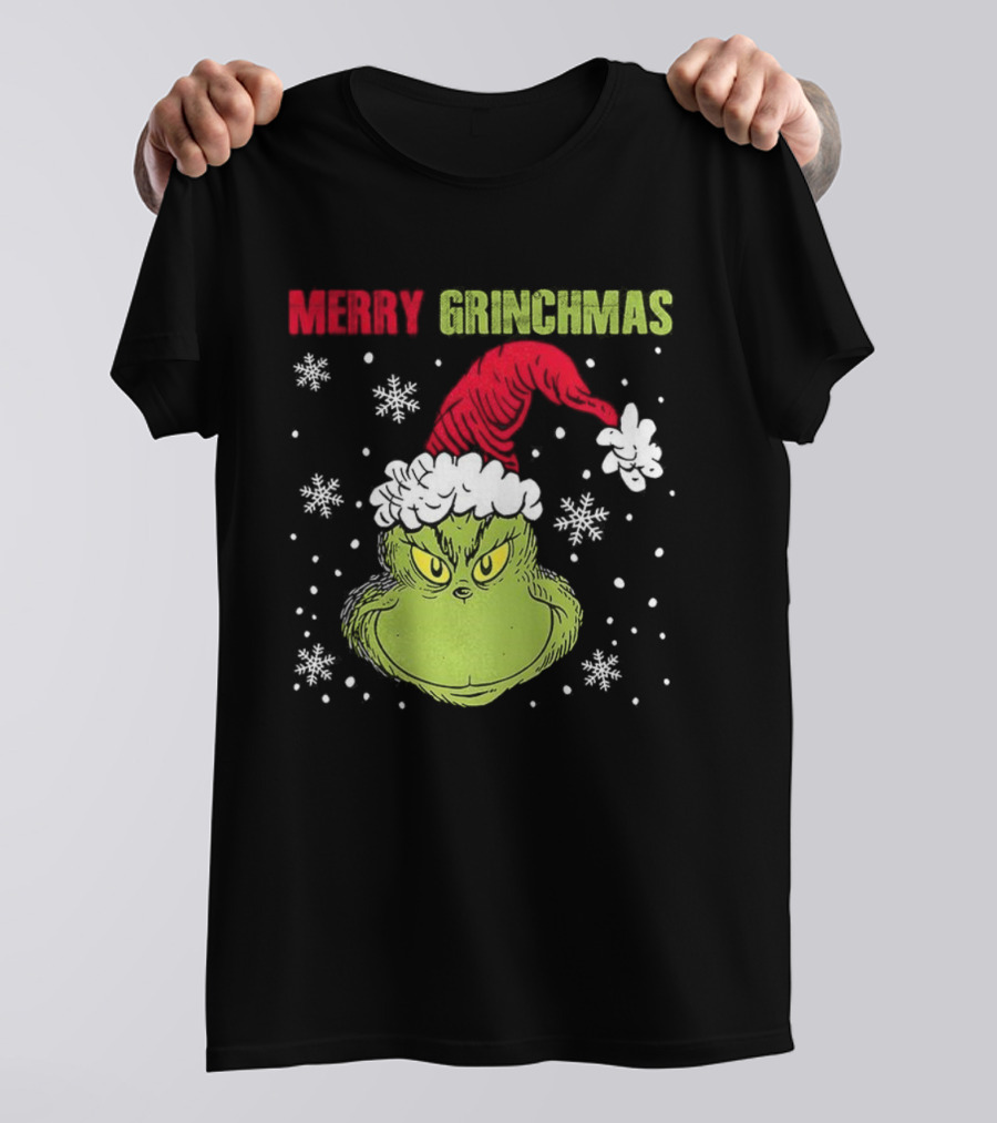 Merry Grinchmas Grinch Head Santa Hat Christmas Snowflakes T-Shirt