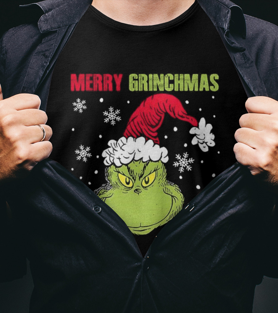 Merry Grinchmas Grinch Head Santa Hat Christmas Snowflakes T-Shirt