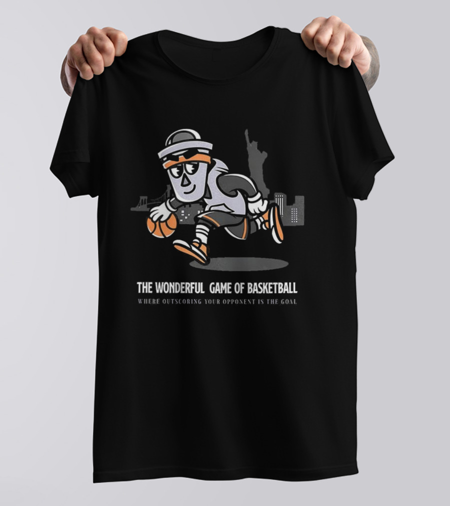 The Wonderful Game Of Basketball Mascot Bucket Man Outscoring Opponent NYC Skyline T-Shirt