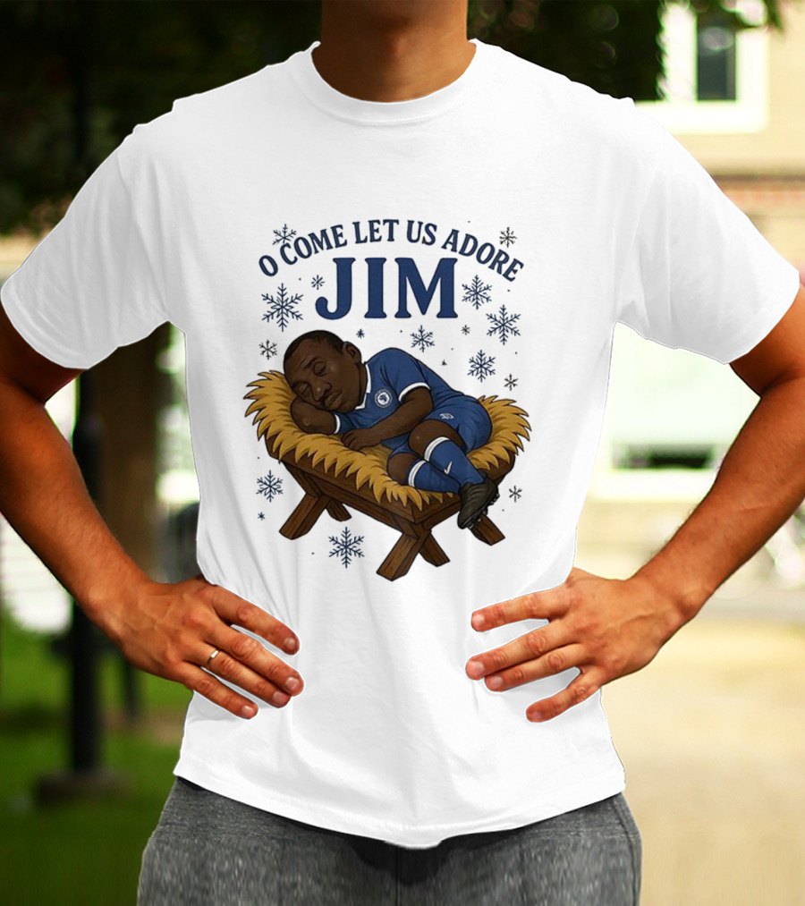 O Come Let Us Adore Jim Sleeping In Chelsea FC Christmas Manger Caricature T-Shirt