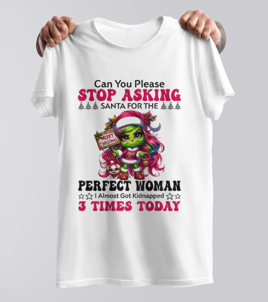 Grinch Stop Asking Santa Perfect Woman Almost Kidnapped 3 Times Today Christmas T-Shirt